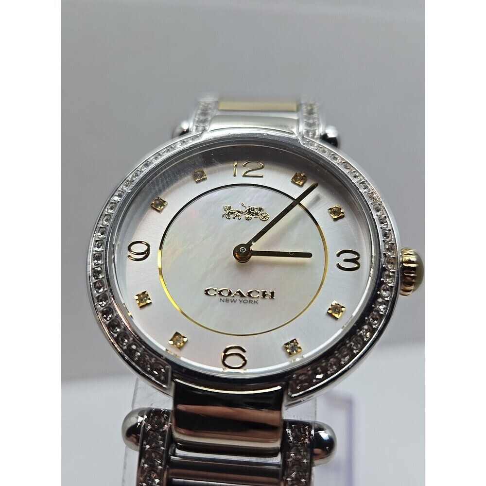 Coach Cary Two Tone Crystal Bezel Mother Of Pearl Watch New Battery Petite Small - Picture 4 of 11